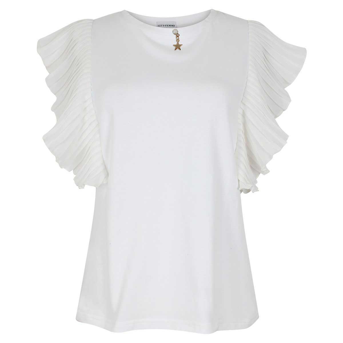 Blusa Manga Corta Plisada Escote Redondo Aplicación Estrella City Femme