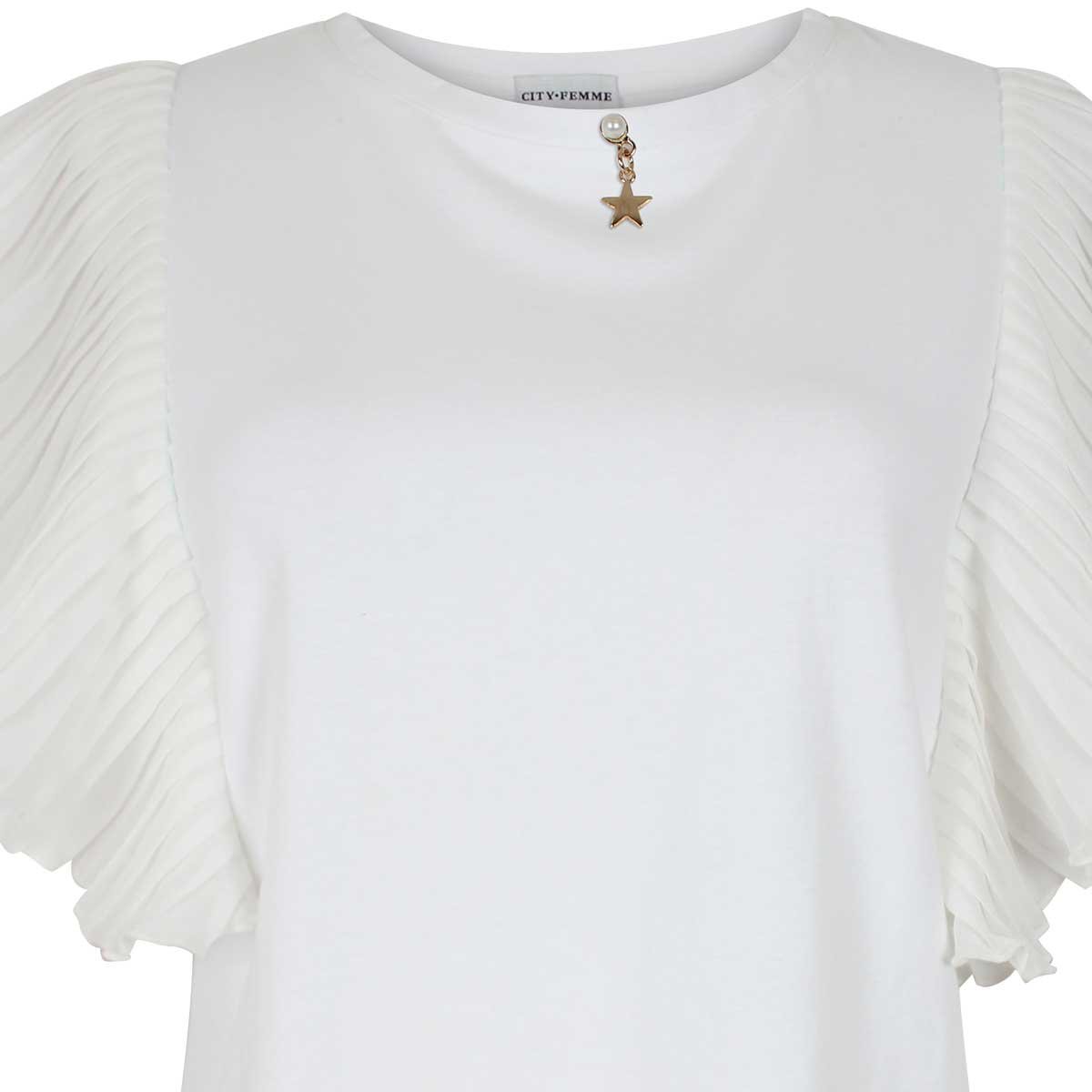 Blusa Manga Corta Plisada Escote Redondo Aplicación Estrella City Femme
