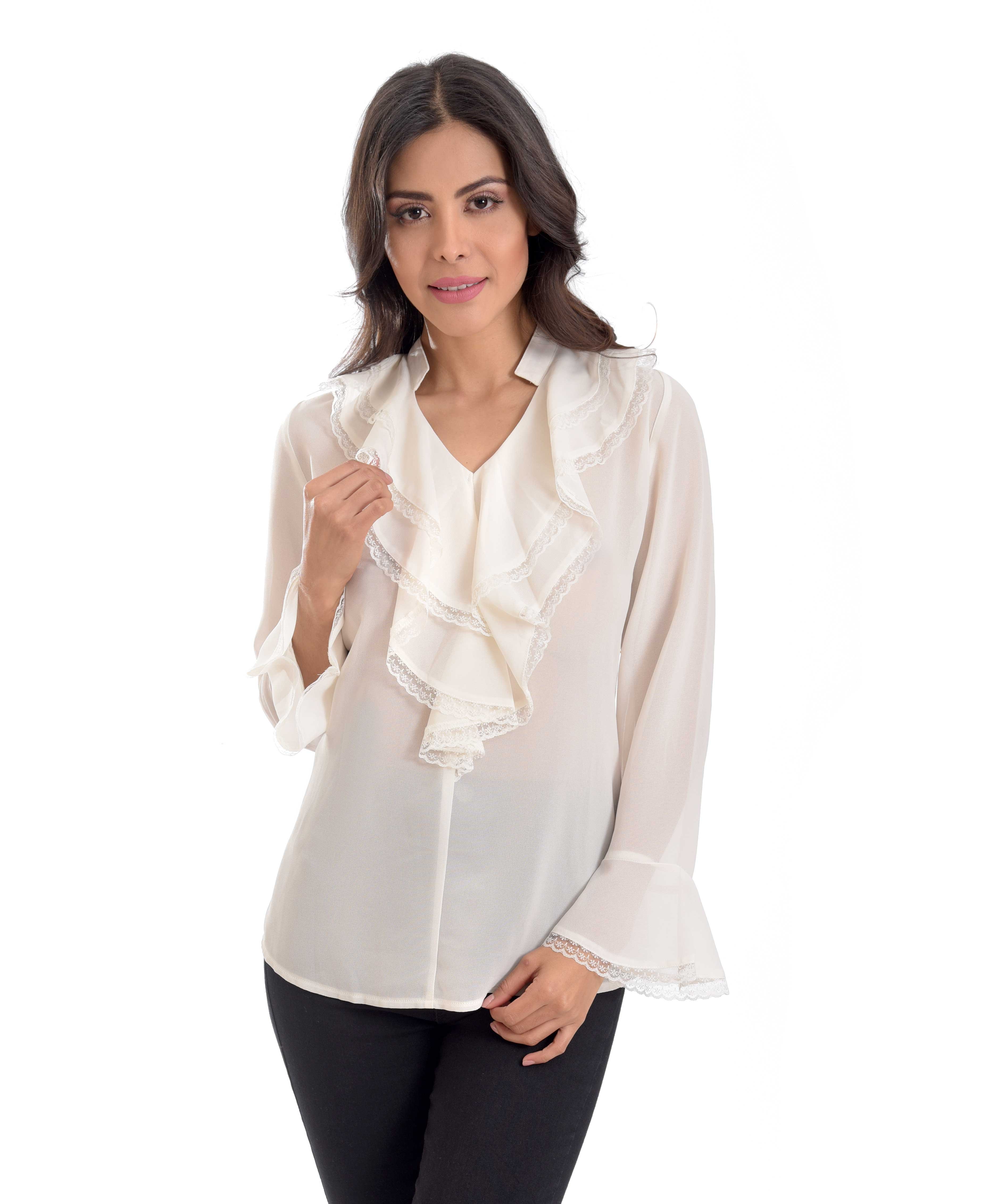 Blusa Cuello V con Olanes Manga Larga Zoara