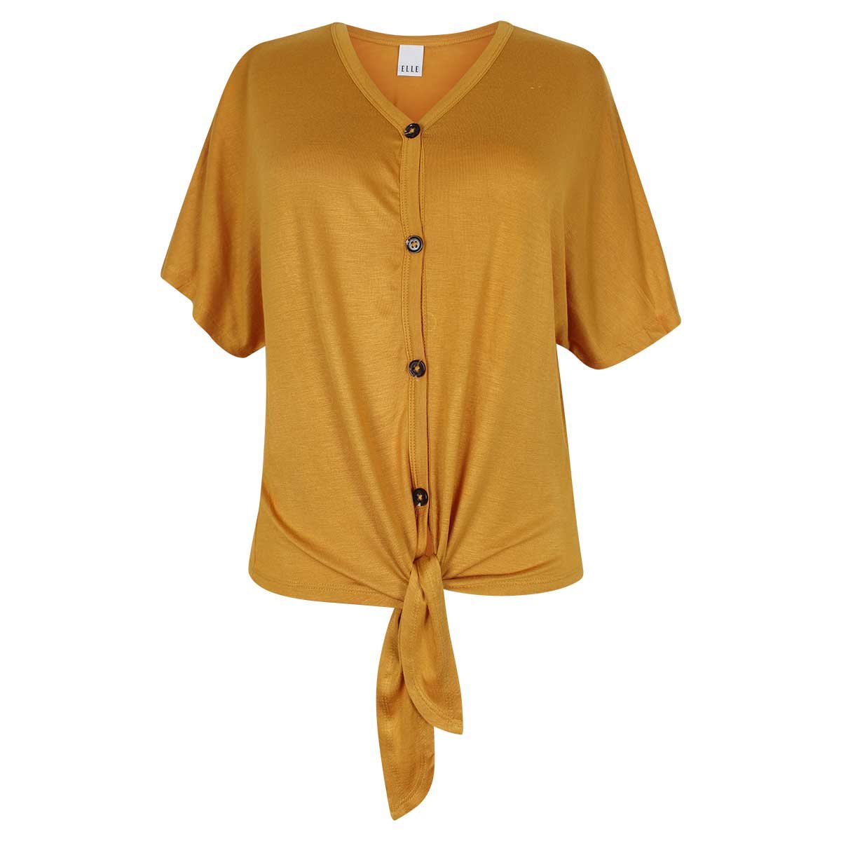 Blusa Amarilla Manga Corta Escote V con Amarre al Frente Elle