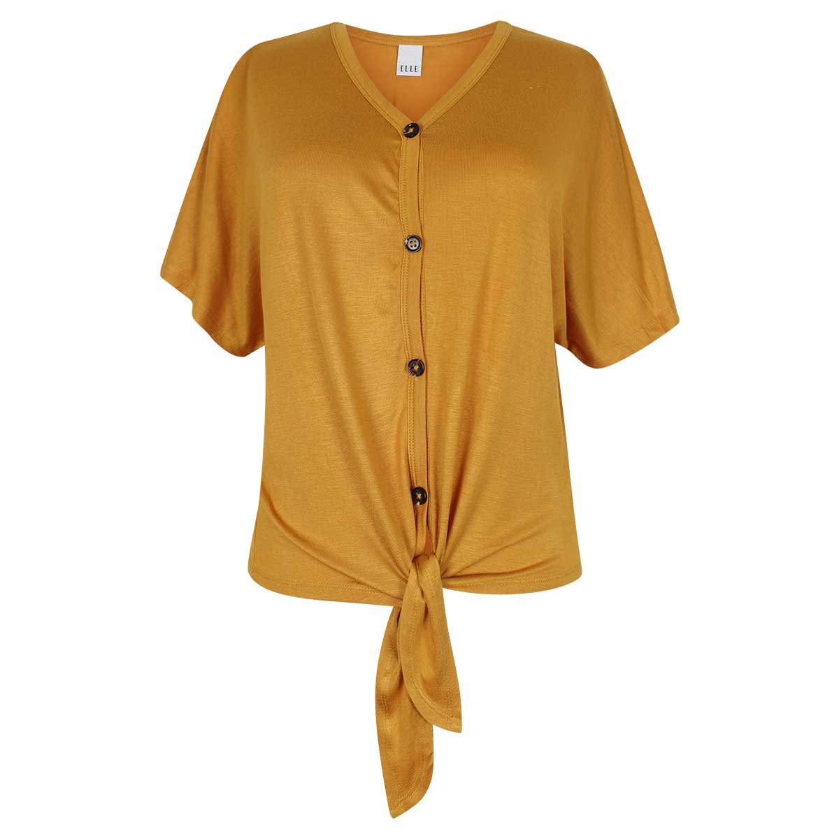 Blusa para Dama Amarilla Manga Corta Escote V  con Amarre al Frente Elle