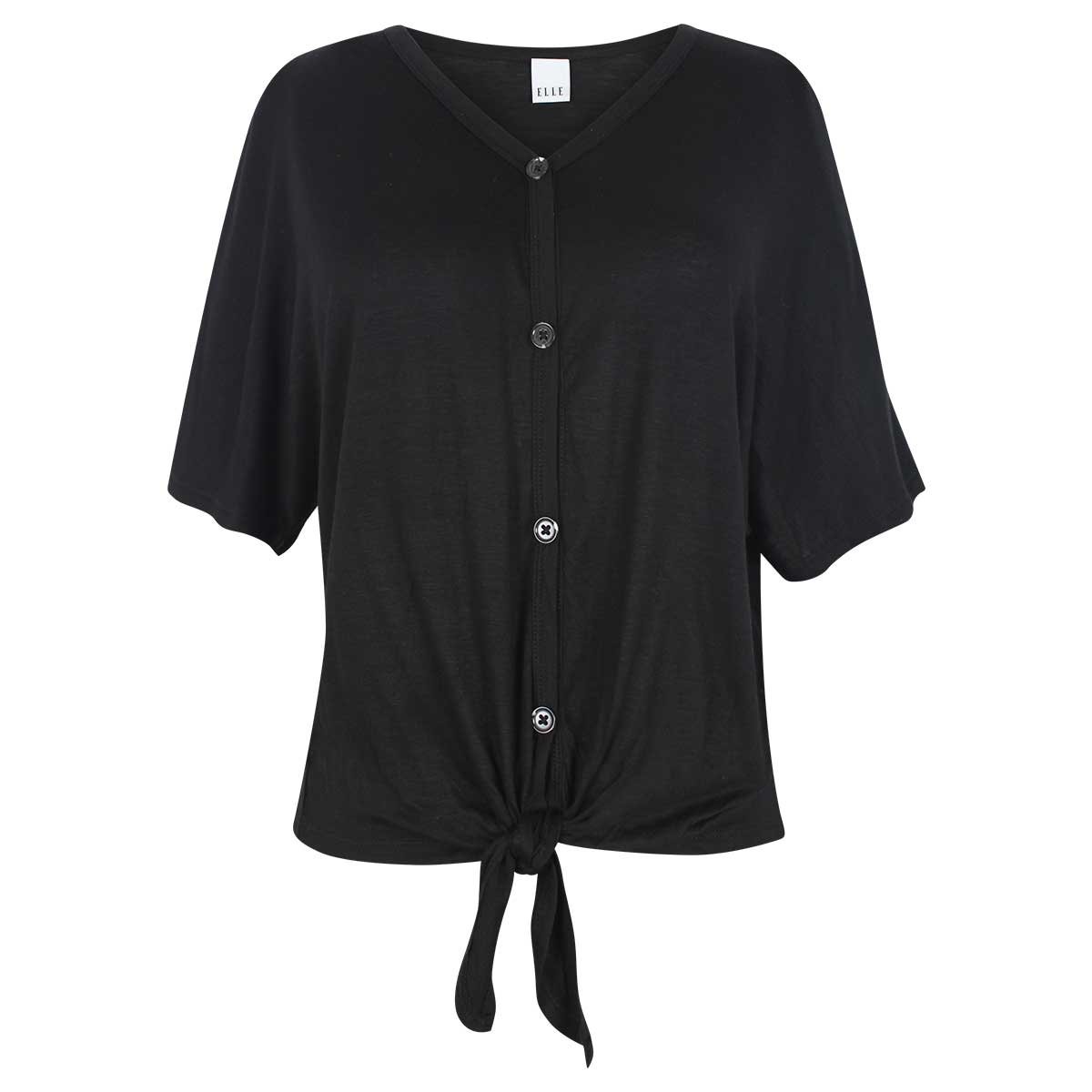 Blusa Negra Manga Corta Escote V con Amarre al Frente Elle