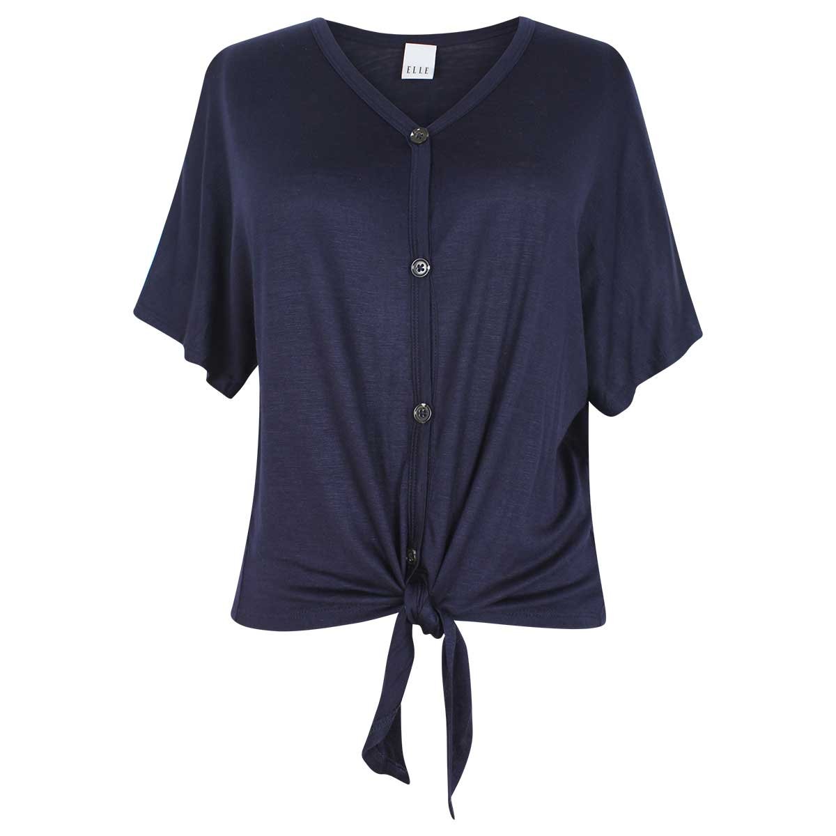 Blusa Azul Manga Corta Escote V con Amarre al Frente Elle