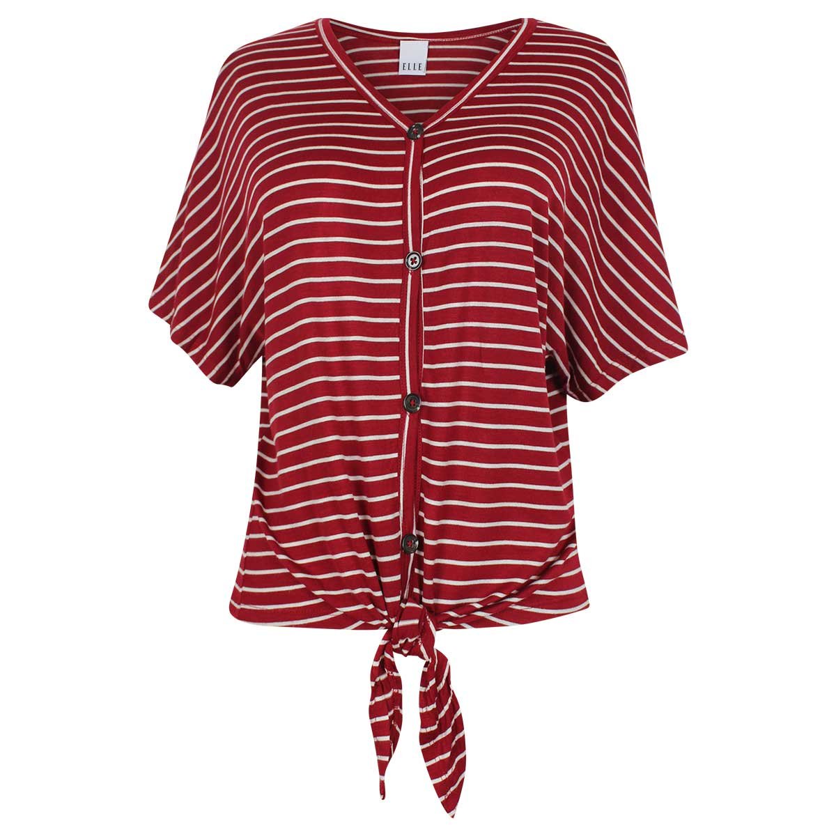 Blusa Roja a Rayas Manga Corta Escote V con Amarre al Frente Elle
