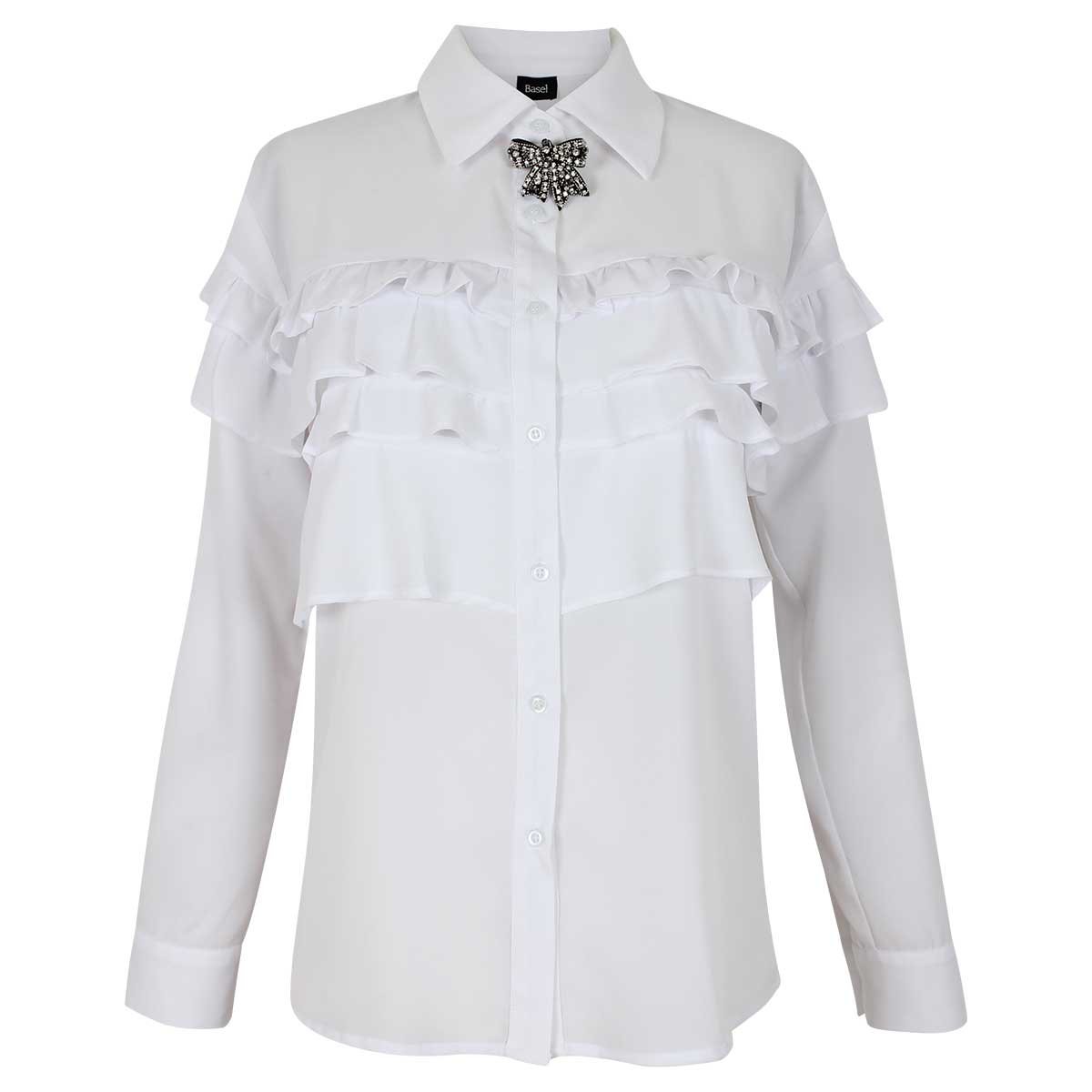 Blusa Manga Larga Cuello Camisero con Escarola Y Broche en Cuello Basel