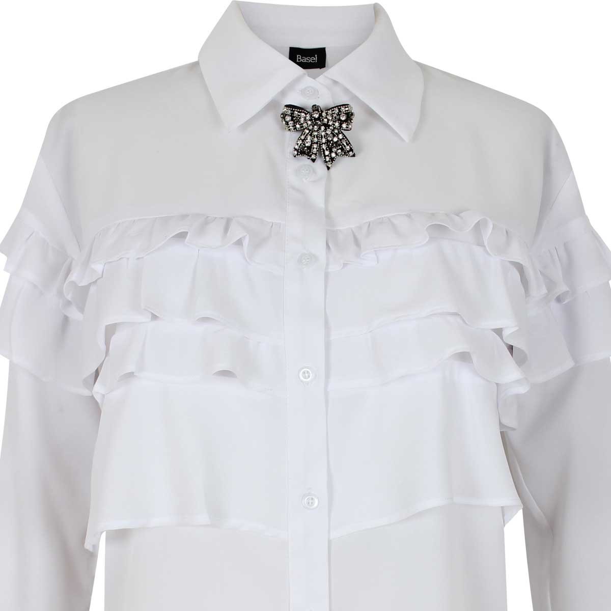 Blusa Manga Larga Cuello Camisero con Escarola Y Broche en Cuello Basel