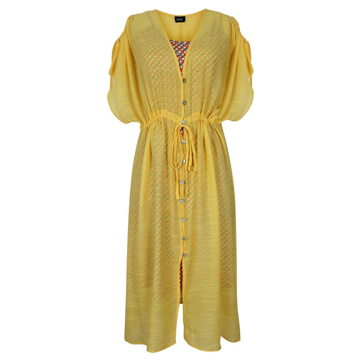 Vestido Amarillo Manga Corta Escote V con Jareta Y Botones al Frente Basel