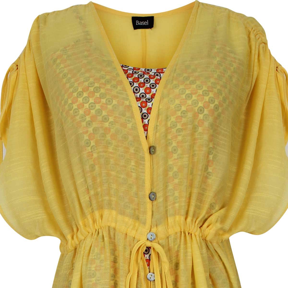 Vestido Amarillo Manga Corta Escote V con Jareta Y Botones al Frente Basel
