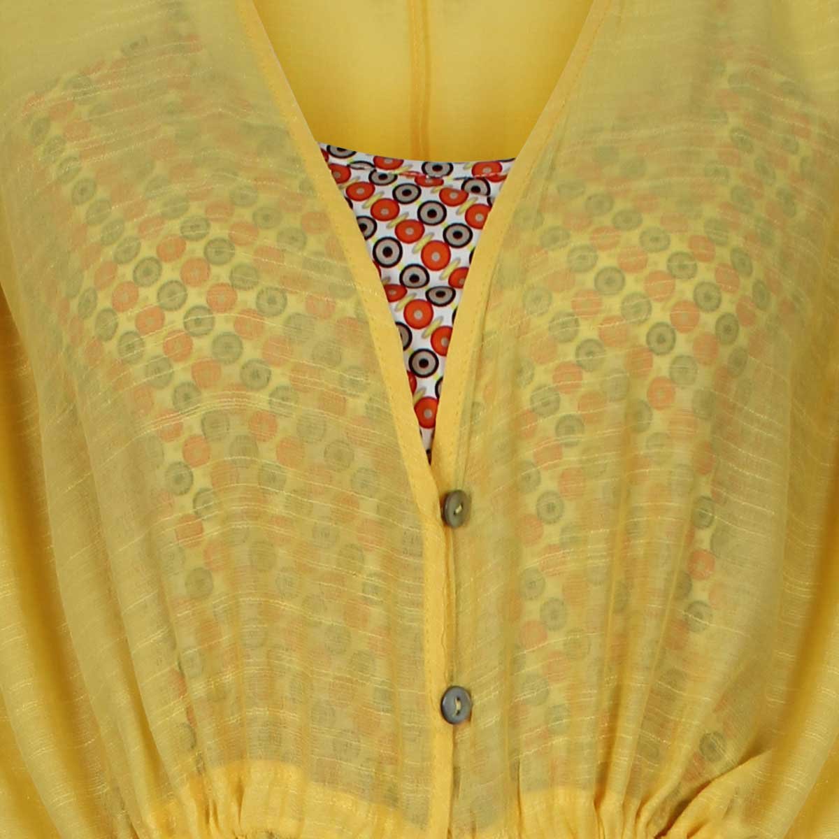 Vestido Amarillo Manga Corta Escote V con Jareta Y Botones al Frente Basel