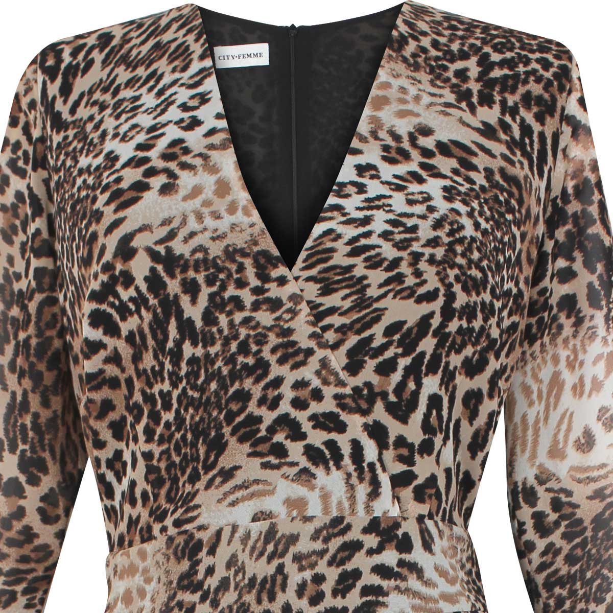 Vestido Largo Manga 3/4 Escote V Animal Print City Femme