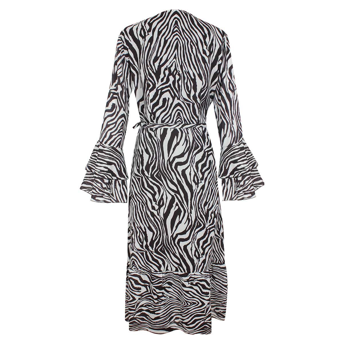 Vestido Manga Larga con Volante Escote V Cruzado Estampado Cebra Basel