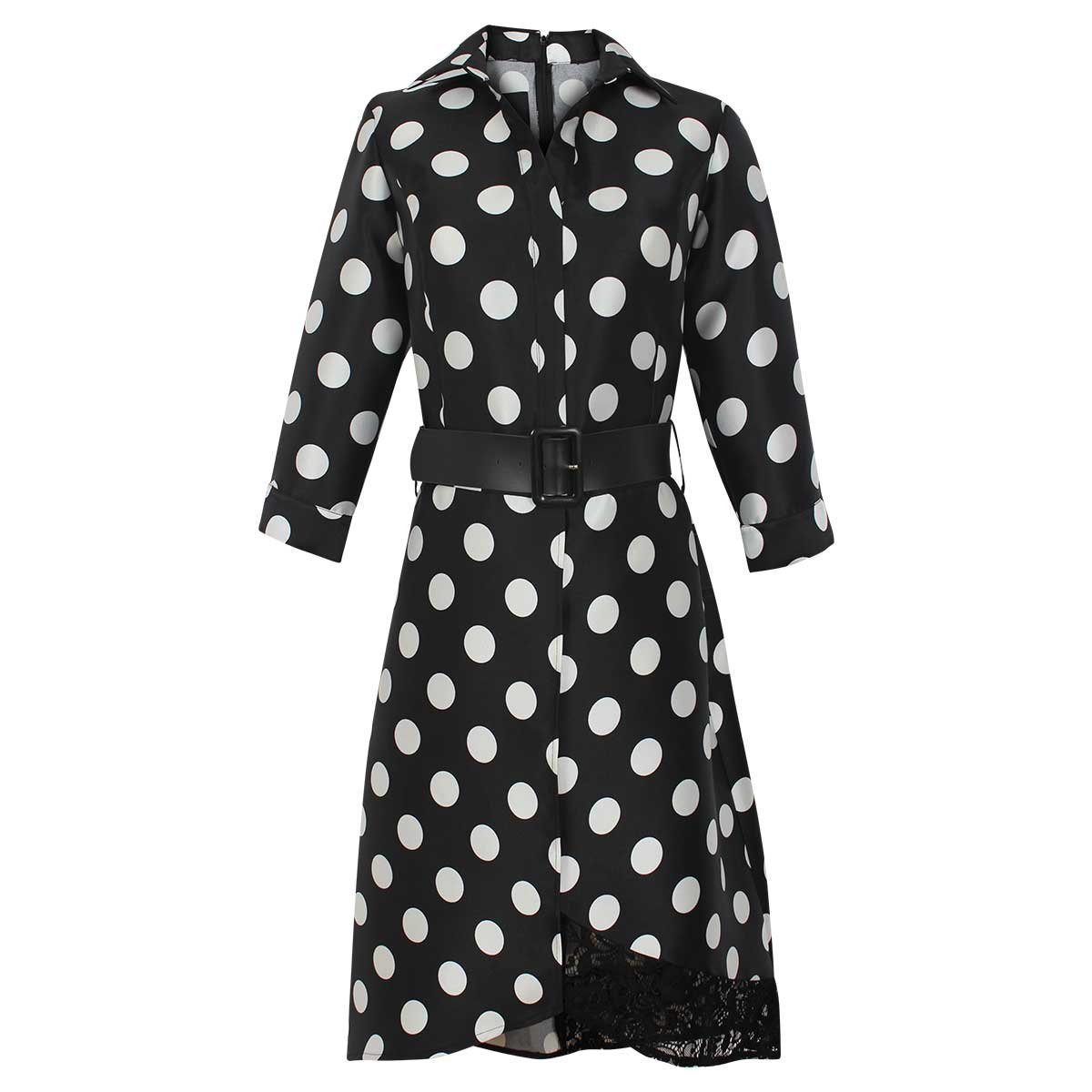 Vestido Lunares Manga Larga Cuello Camisero con Cinturón Aplicación de Encaje Basel
