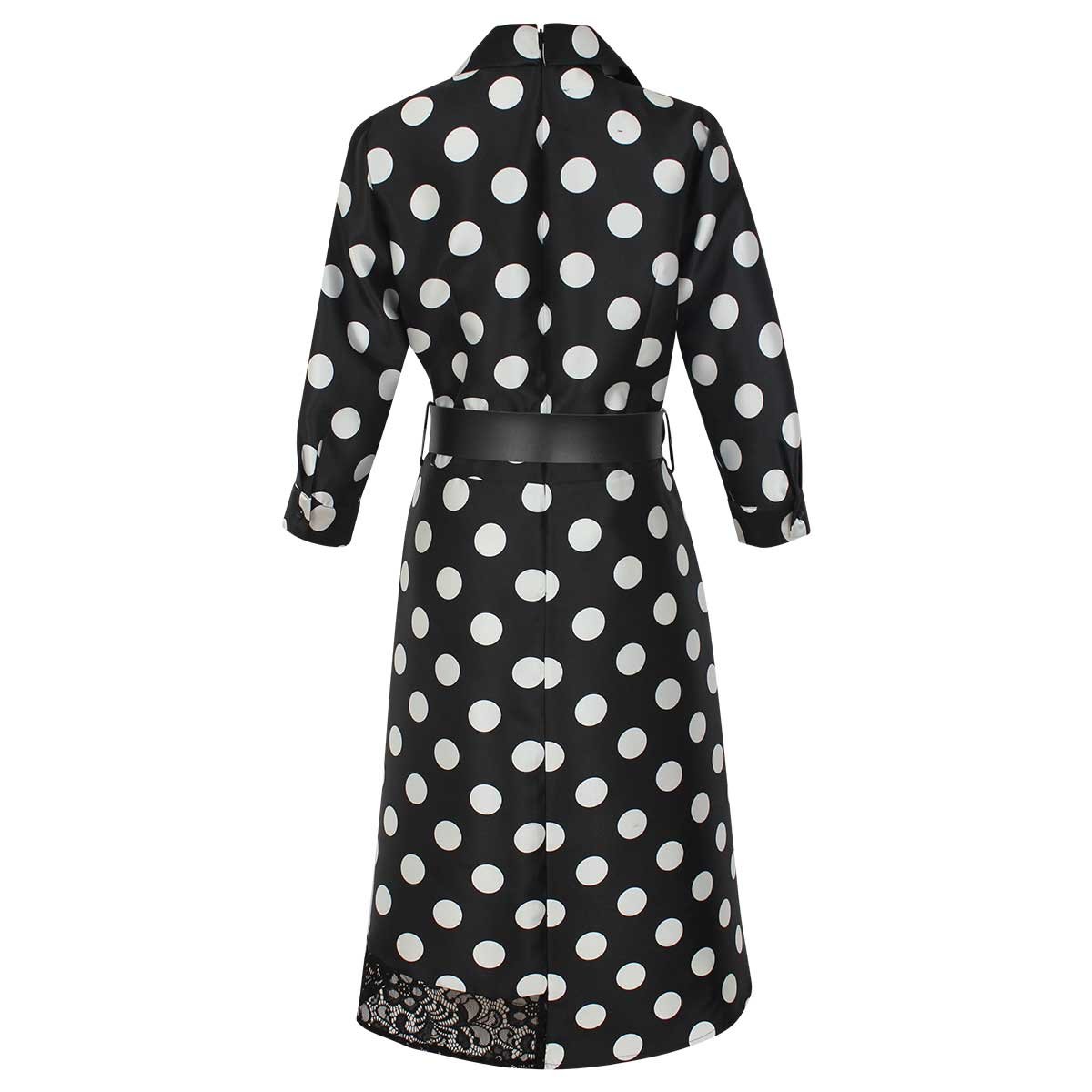 Vestido Lunares Manga Larga Cuello Camisero con Cinturón Aplicación de Encaje Basel