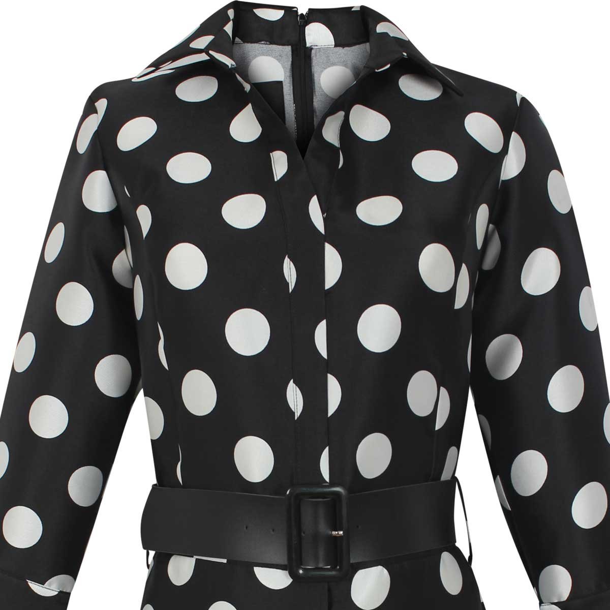 Vestido Lunares Manga Larga Cuello Camisero con Cinturón Aplicación de Encaje Basel