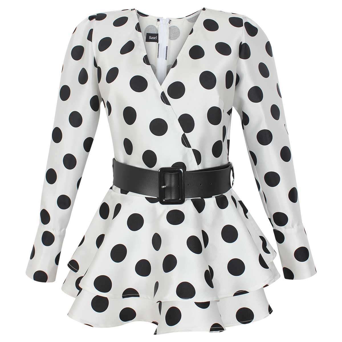 Blusa Manga Larga Escote V Lunares con Cinturón Basel