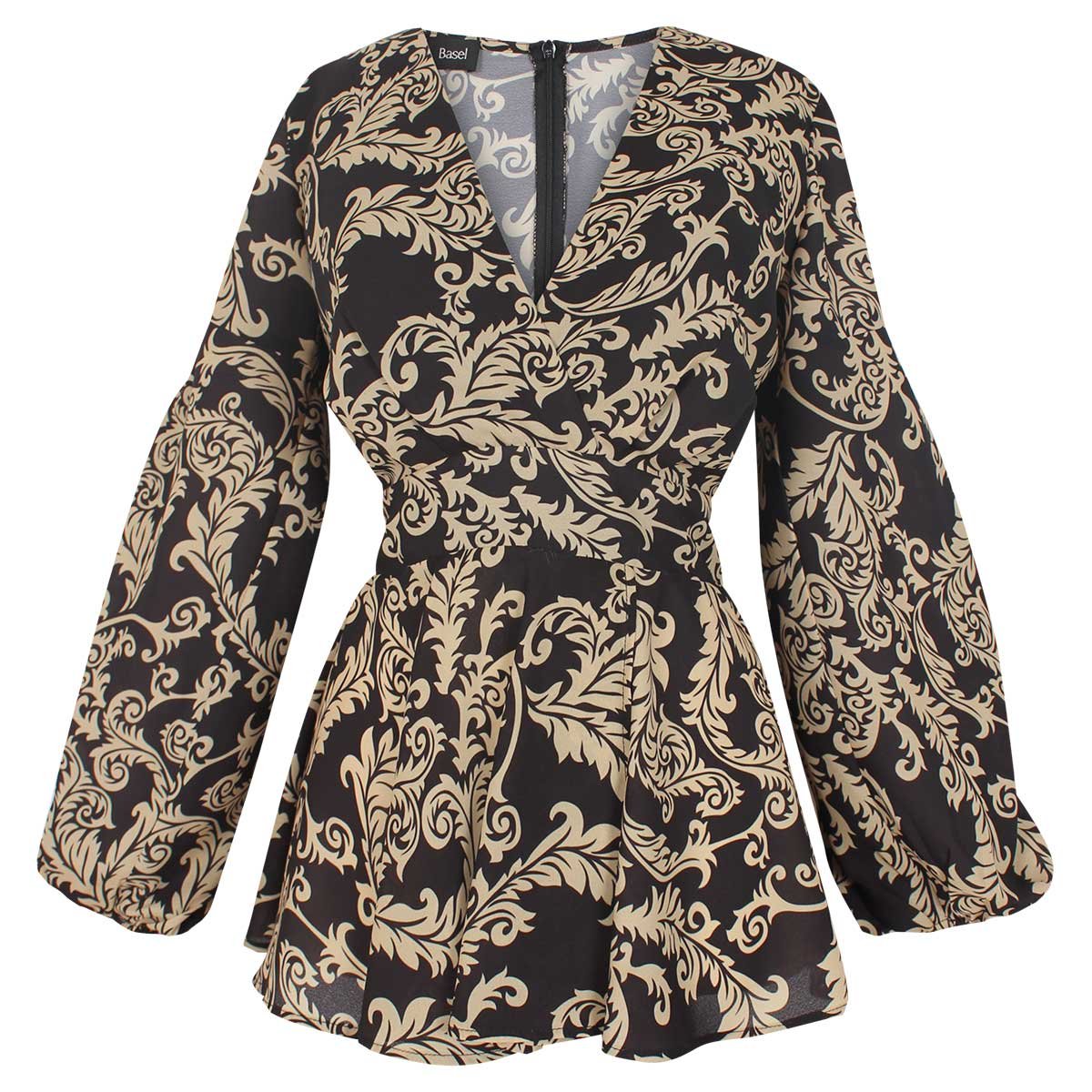 Blusa Manga Globo Escote V Estampado Basel