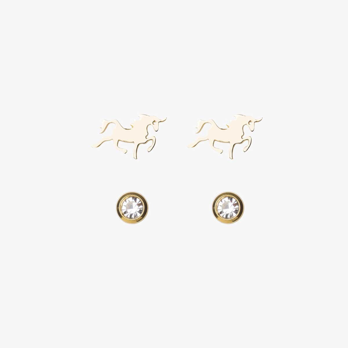 Set Aretes Broquel de Cristal Y  Unicornios Acabado Dorado Wonder Charms