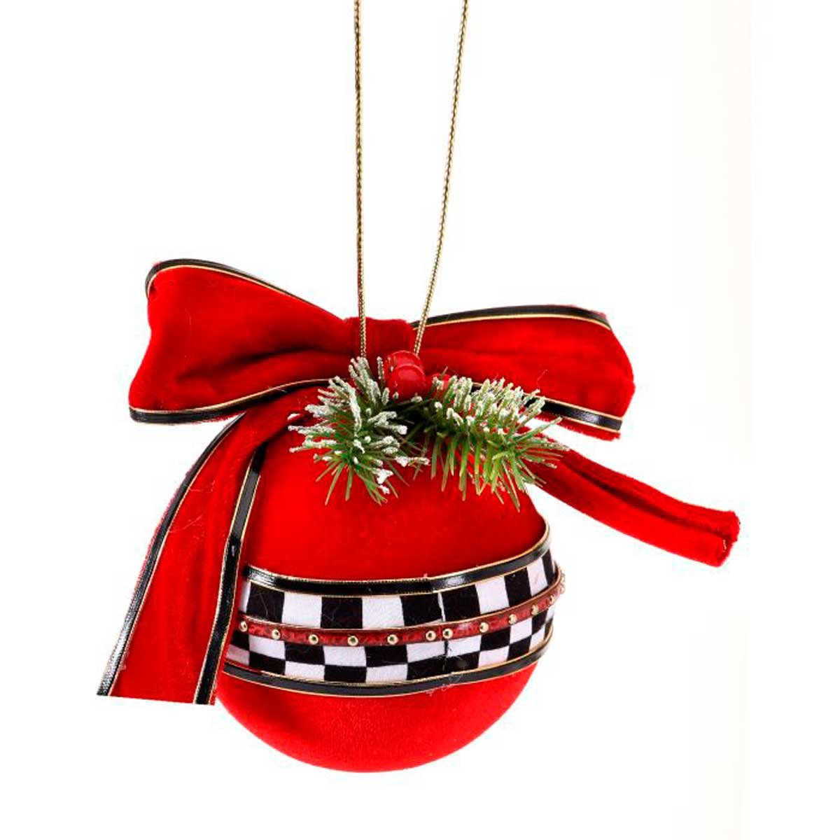 Colecci&oacute;n Arlequ&iacute;n Esfera  con Mo&ntilde;o de Terciopleo Rojo con Negro 12 Cm.