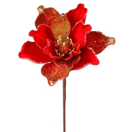 Flor Magnolia de Terciopelo  Roja con Diamantina Oro