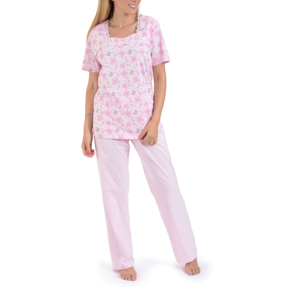 Pijama Chiffon de Manga Corta Escote Cuadrado Y Pantalón Thaiss