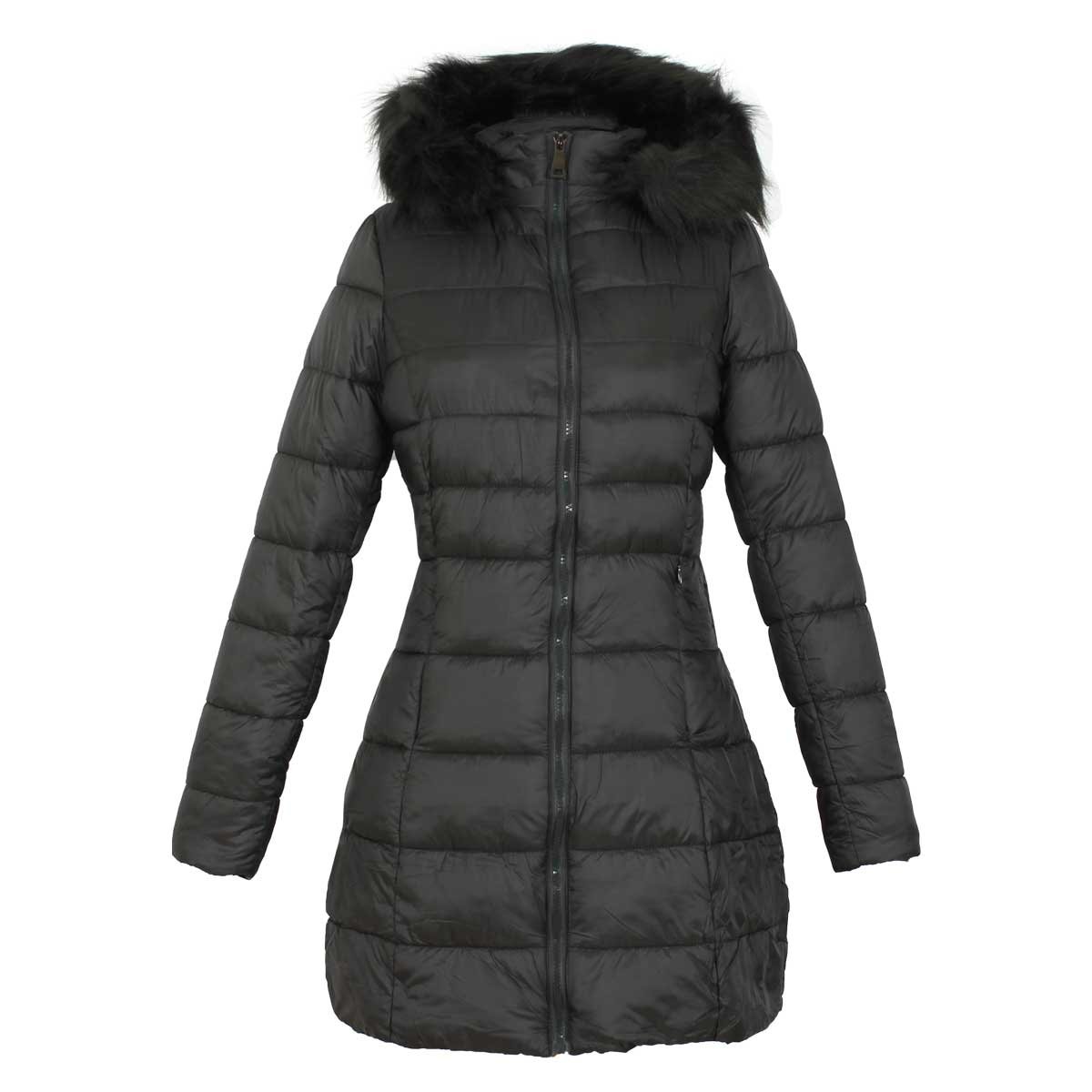 Chamarra Capitonada Larga Verde con Capucha de Pelo Basel para Dama