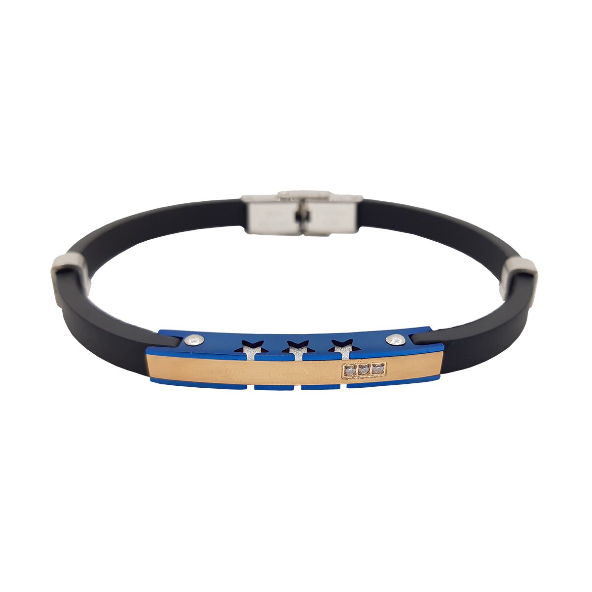 Pulsera de Caucho con Placa de Acero en Azul Y Dorado Oro Angelus