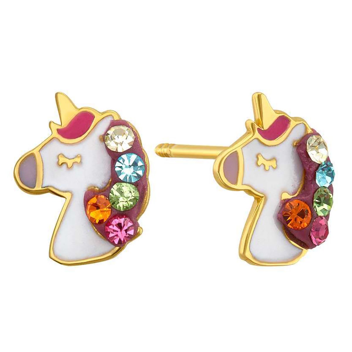 Broqueles de Oro Amarillo 14K Unicornio Multicolor con Circonia Sabelli