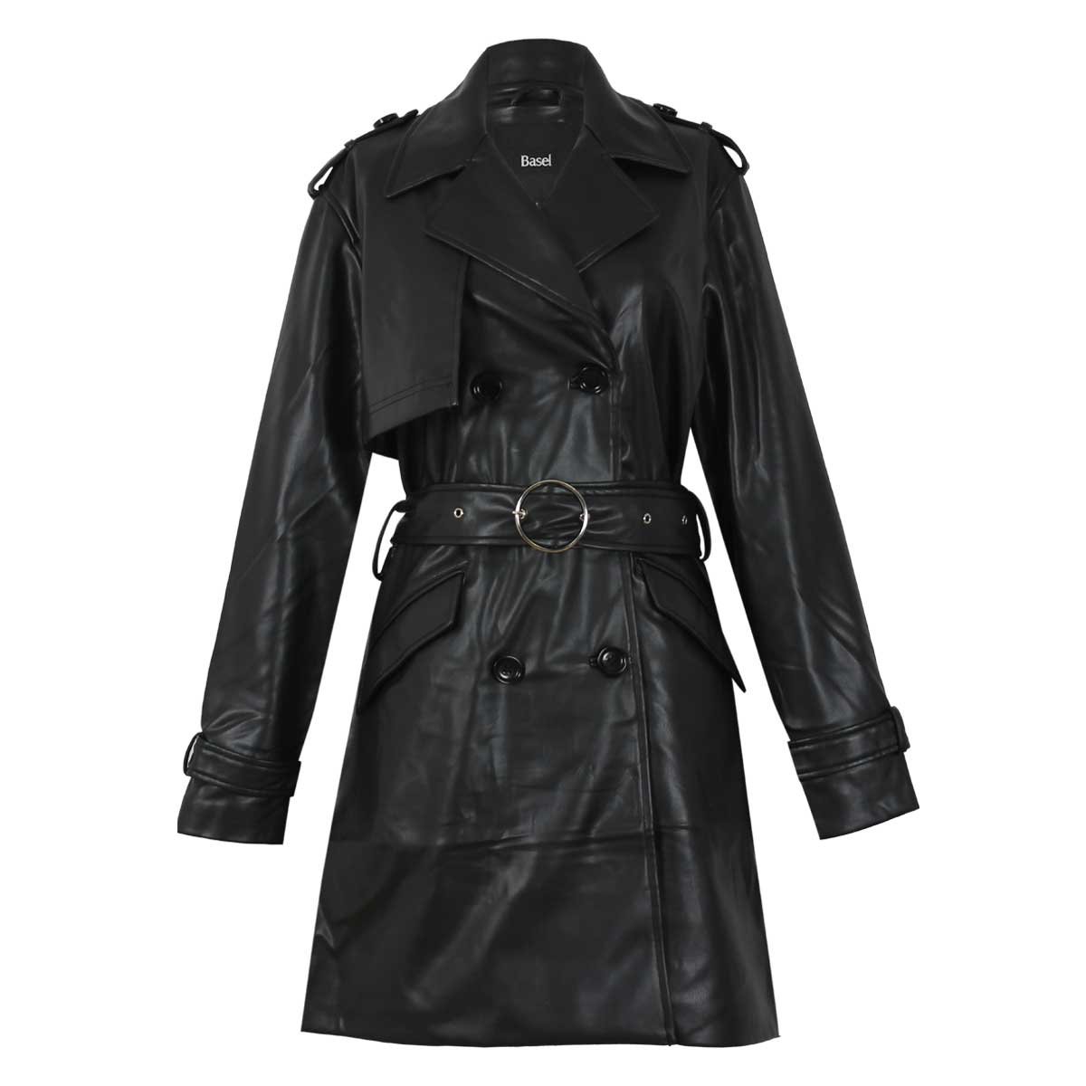 Gabardina Negra con Solapa Y Cinturón Lisa Basel para Mujer