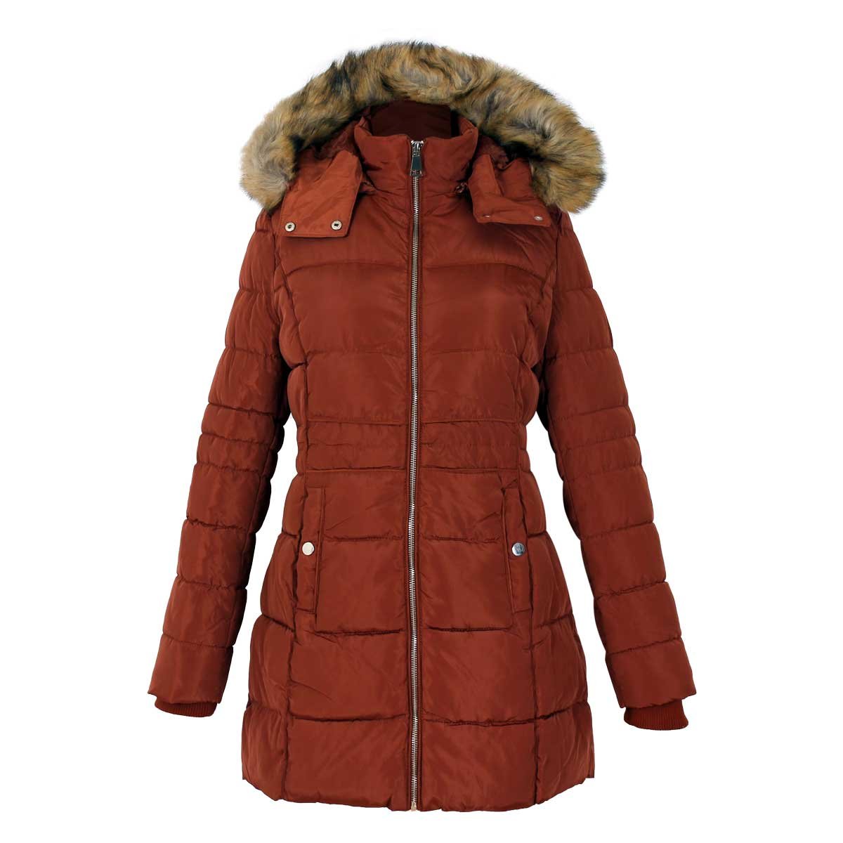 Chamarra Café con Cierre Y Capucha de Pelo Cuello Alto Elle para Dama