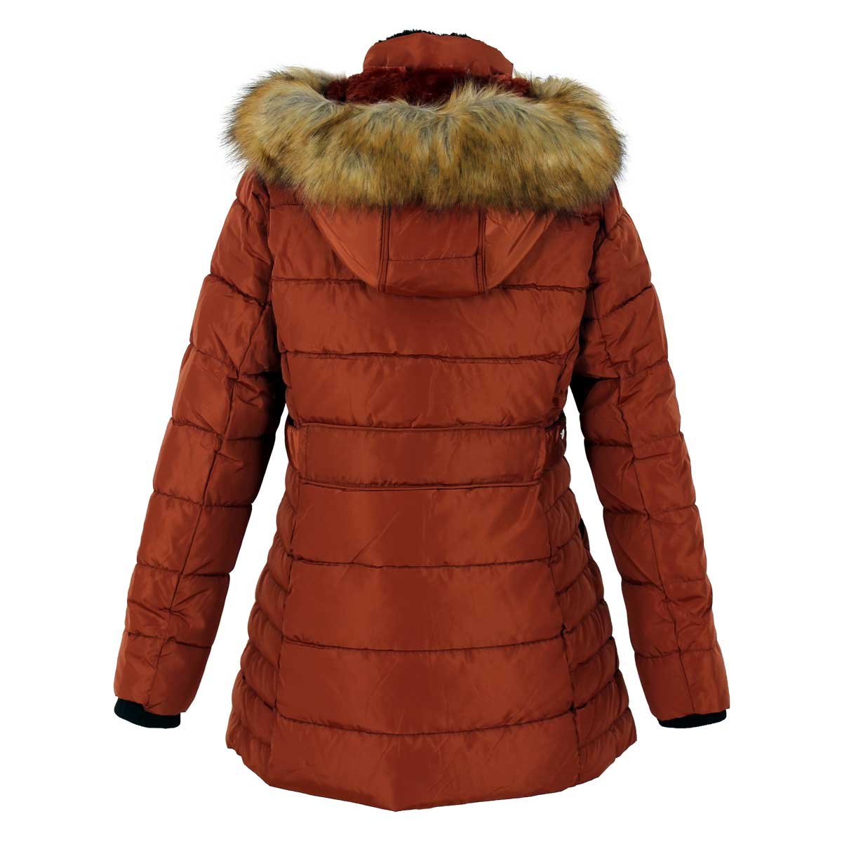 Chamarra Naranja Larga Capitonada con Capucha de Pelo Elle para Dama