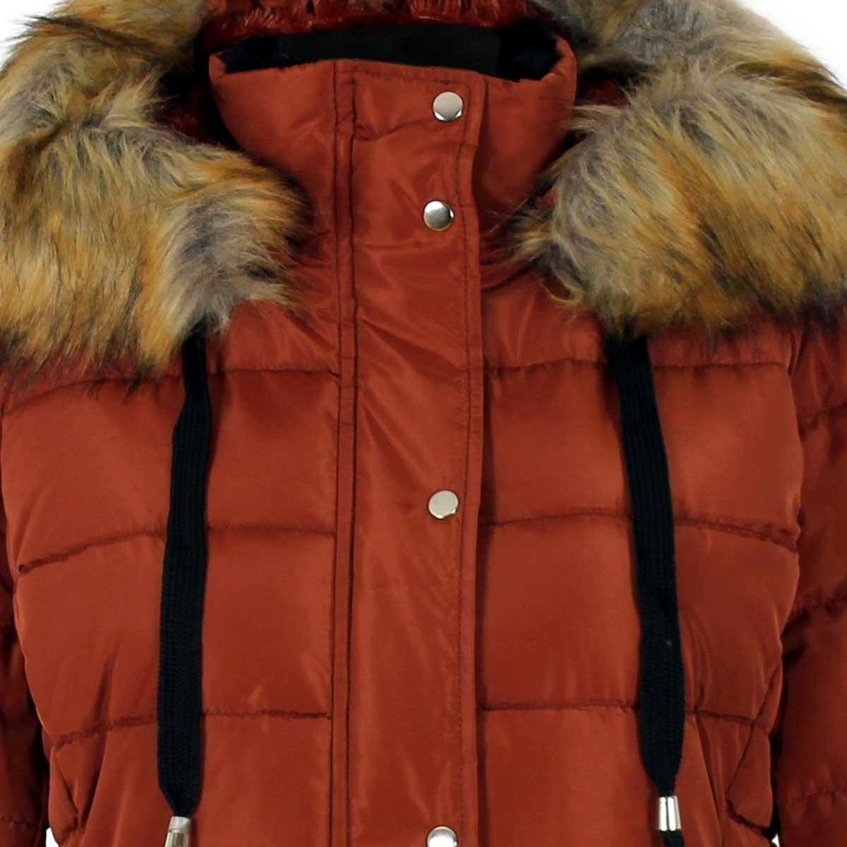 Chamarra Naranja Larga Capitonada con Capucha de Pelo Elle para Dama