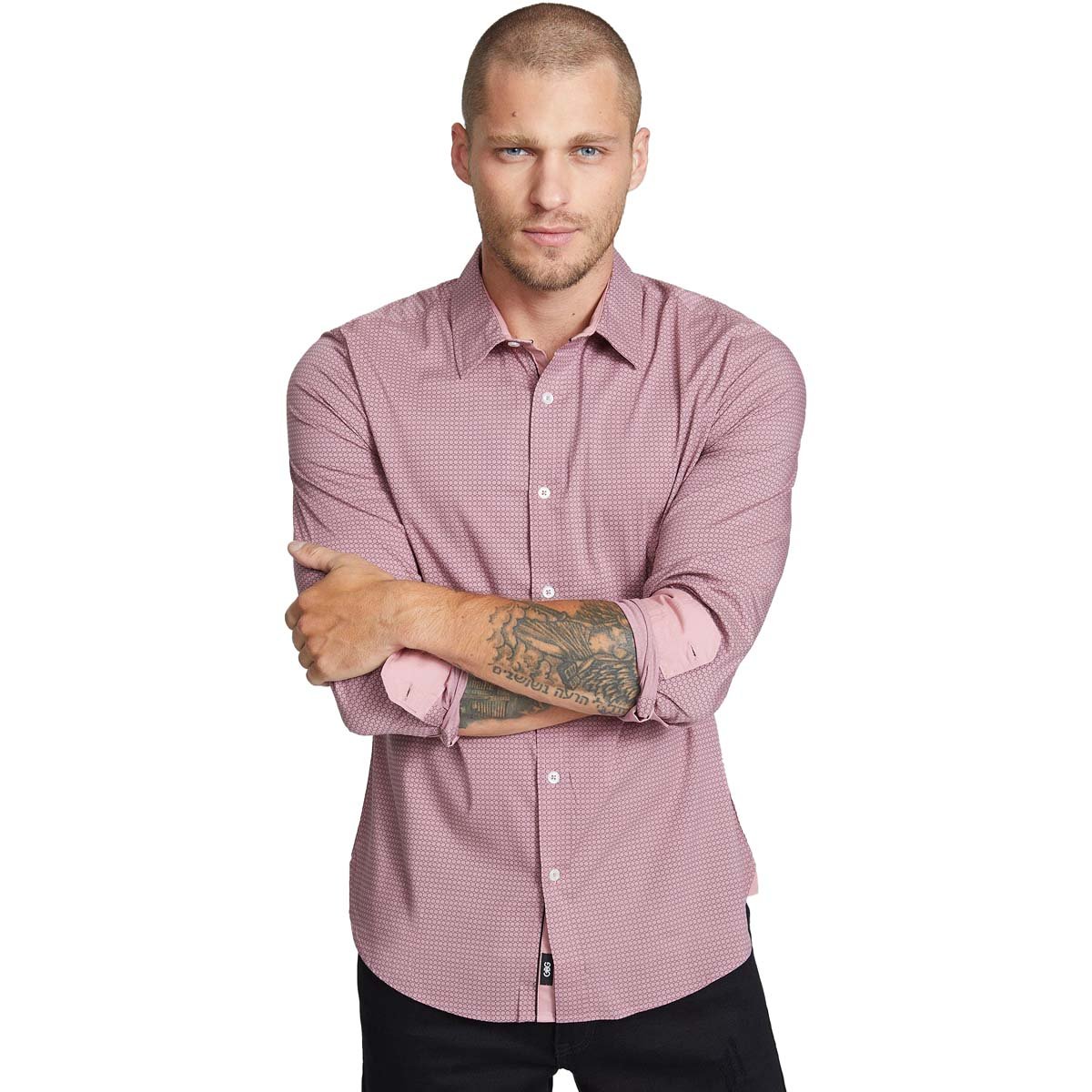 Camisa Clásica con Micro Cuadros Rosa Claro G By Guess para Caballero