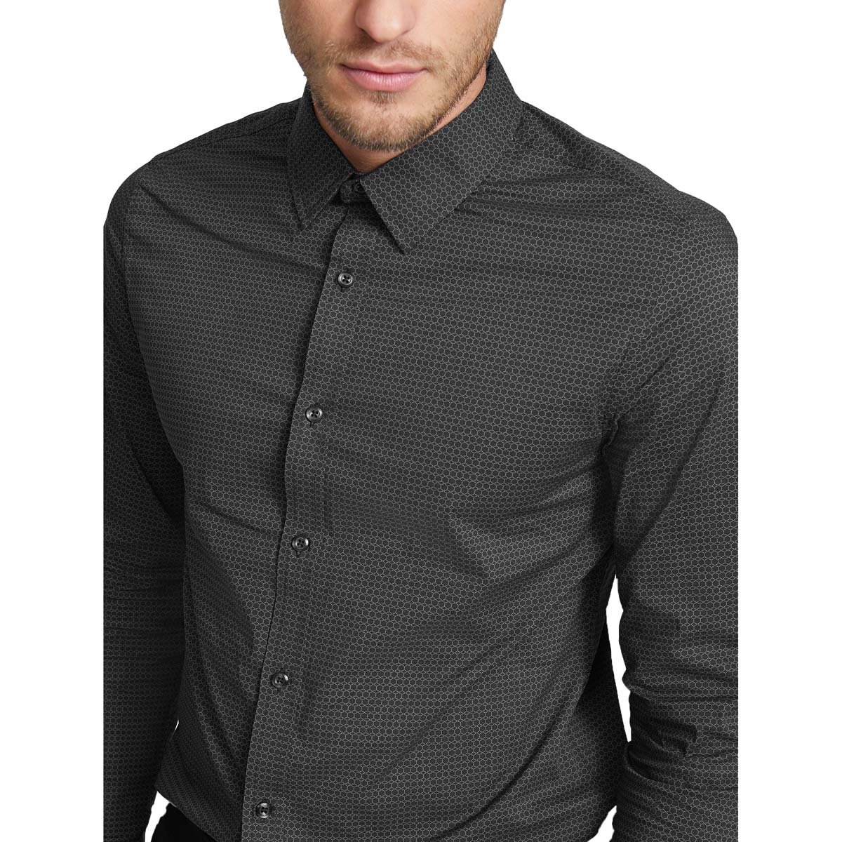Camisa Clásica con Micro Cuadros Negro G By Guess para Caballero