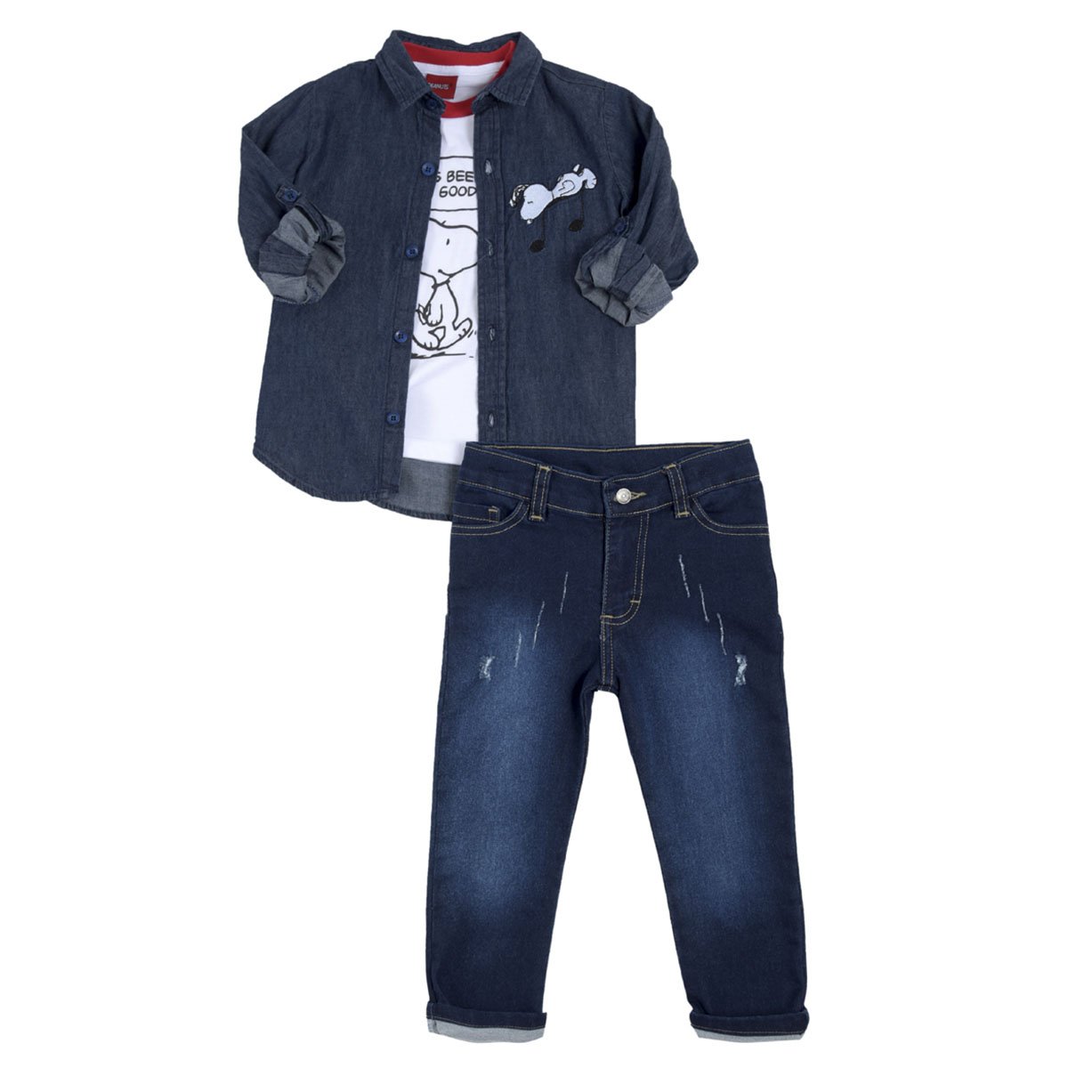 Conjunto de 3 Piezas con Pantalón de Mezclilla, Camisa y Playera para Niño Snoopy