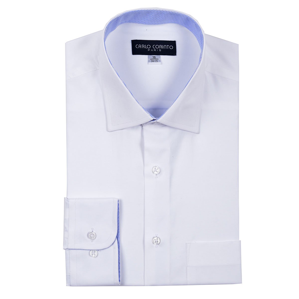Camisa de Vestir Tradicional Blanca con Cuello Y Puños Azules Carlo Corinto Paris para Hombre