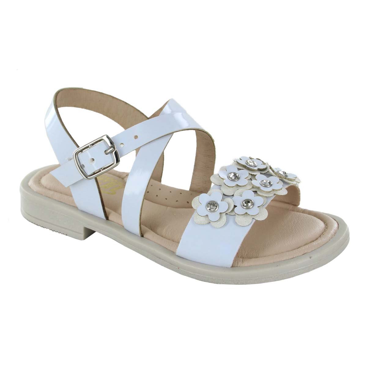 Sandalia Blanca con Flores Y Hebilla Skat para Niña
