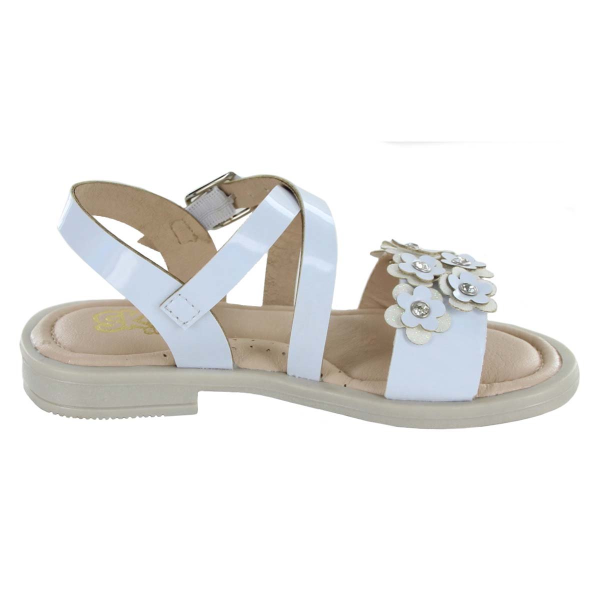Sandalia Blanca con Flores Y Hebilla Skat para Niña