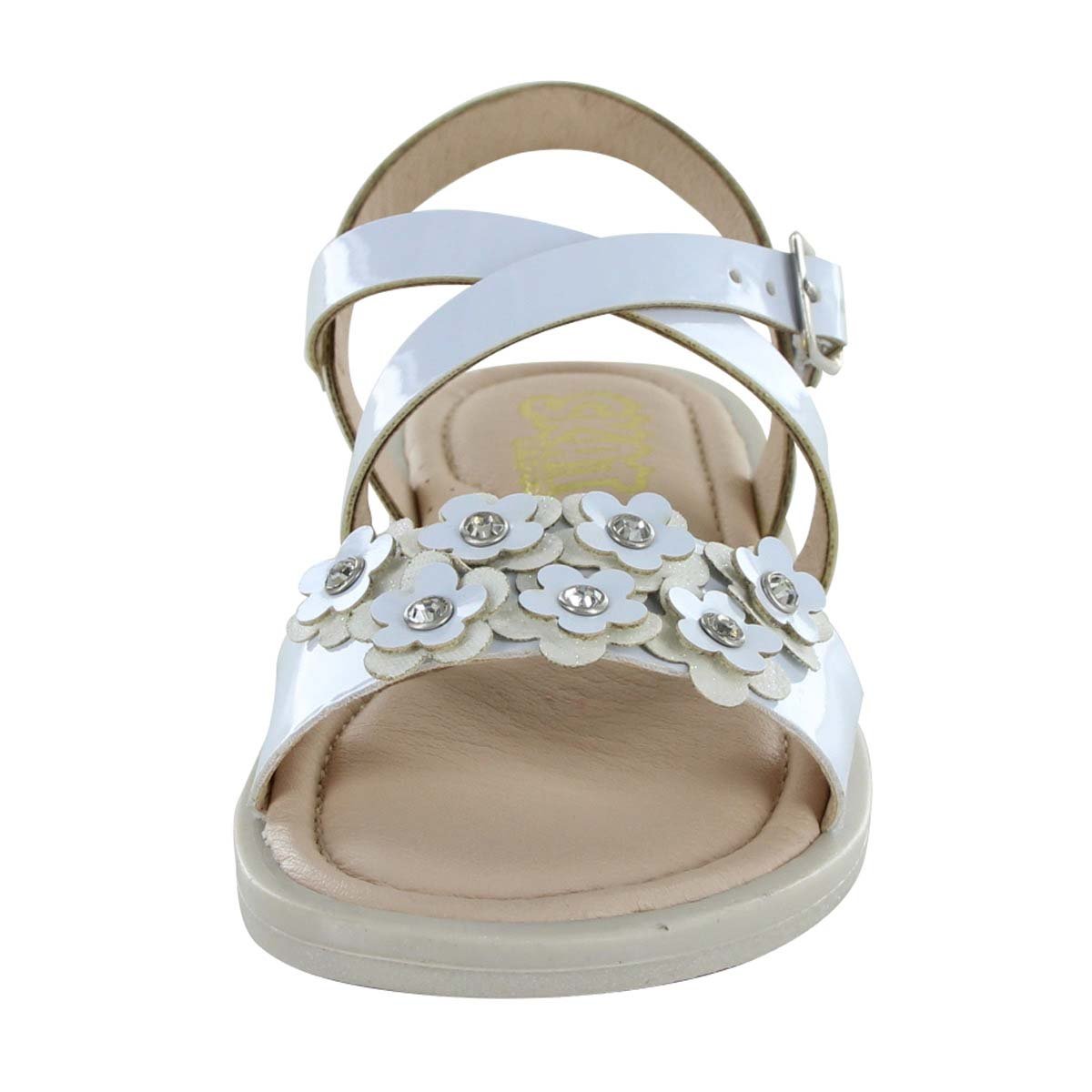 Sandalia Blanca con Flores Y Hebilla Skat para Niña