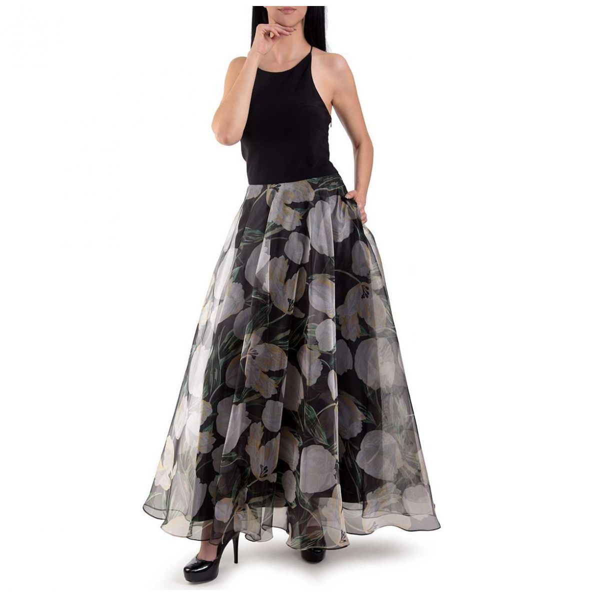 Vestido de Fiesta Largo Ampón Falda Organza Estampada