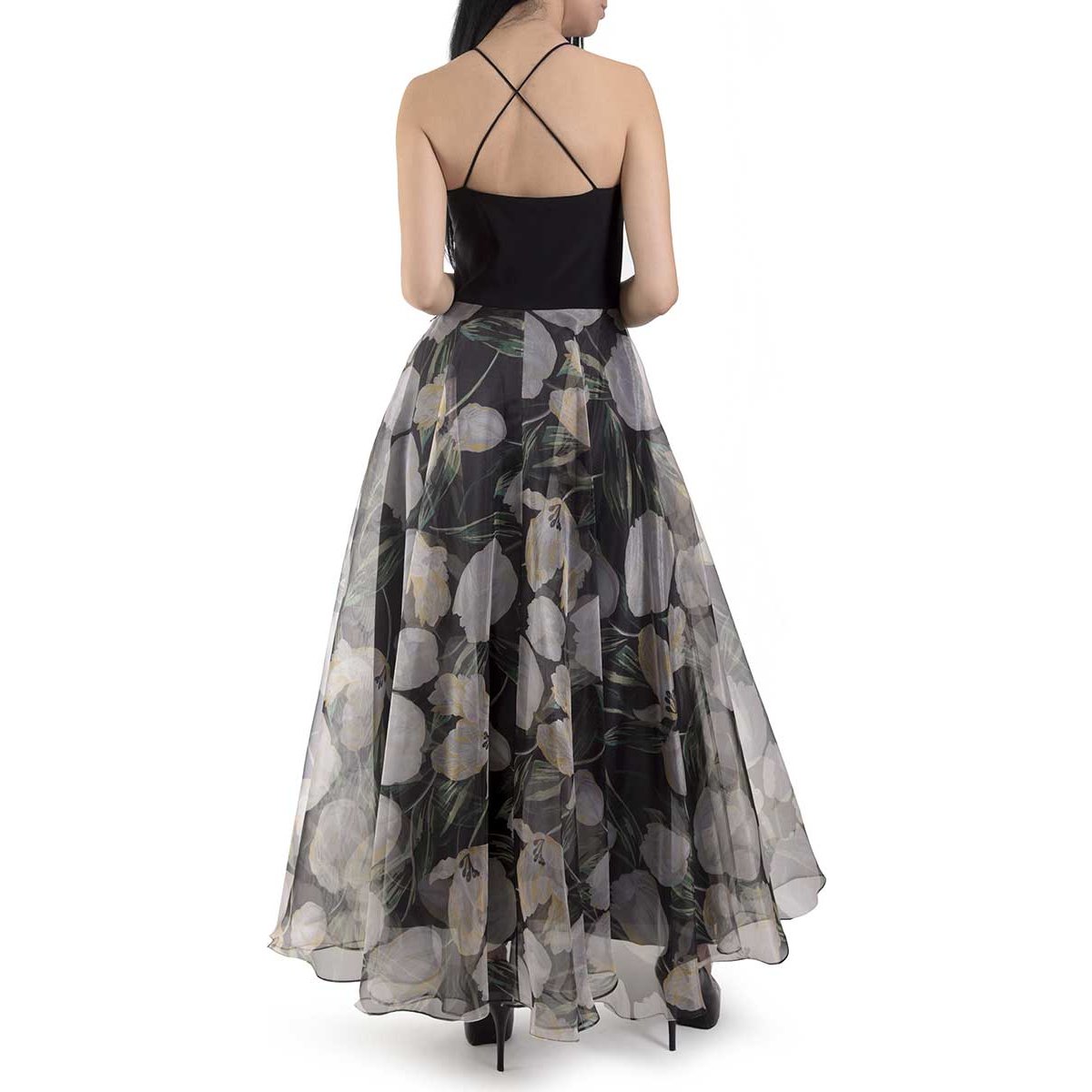 Vestido de Fiesta Largo Ampón Falda Organza Estampada