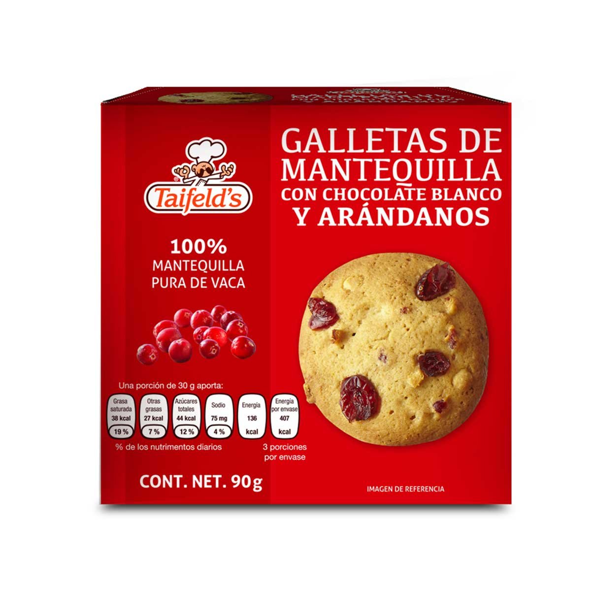 Galletas de Mantequilla con Chocolate Blanco y Arandanos 90  G Taifelds