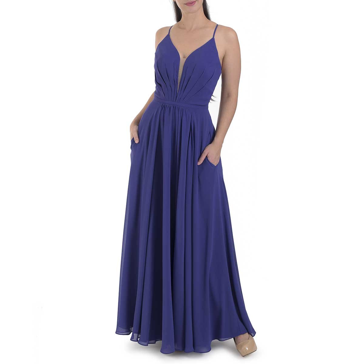 Vestidos largos de chiffon con escote en V y bolsillos Turquesa