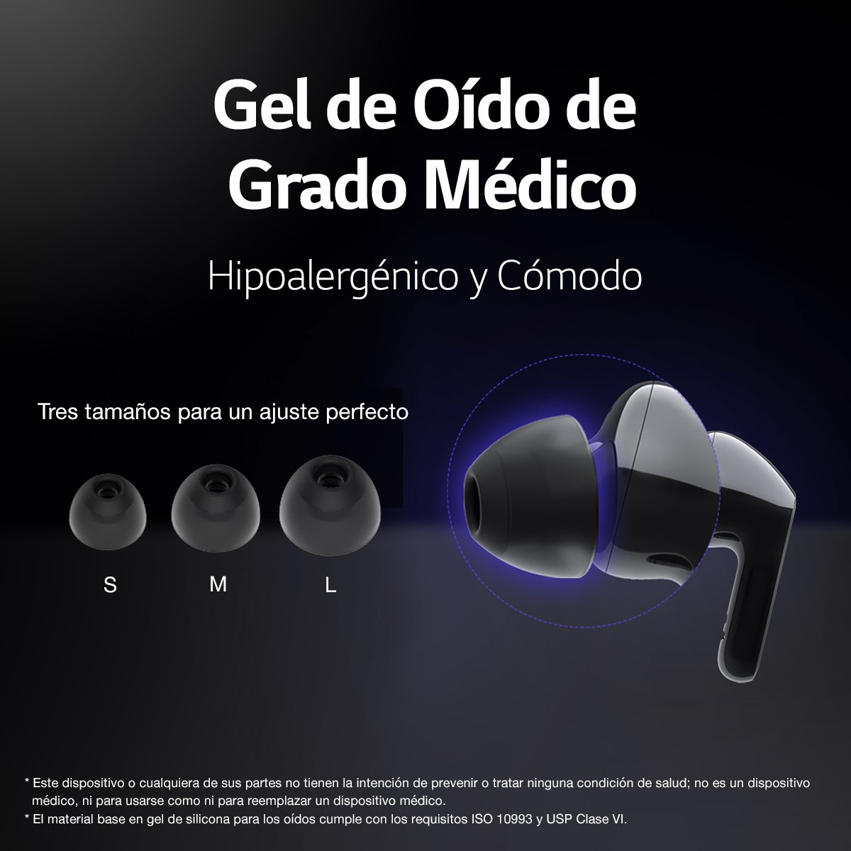 LG Tone Free Fn4 - Audífonos Inalámbricos Bluetooth con Geles para Oído Hipoalergénicos de Grado Médico  - Negros