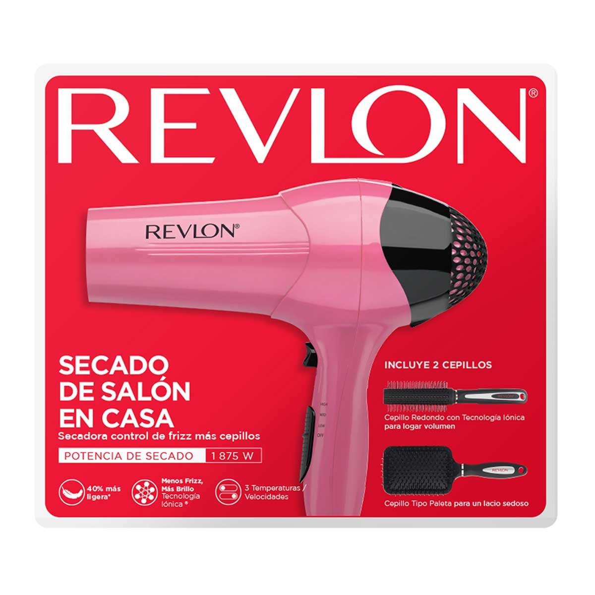Revlon Set Secadora + Cepillo Paleta + Cepillo Redondo