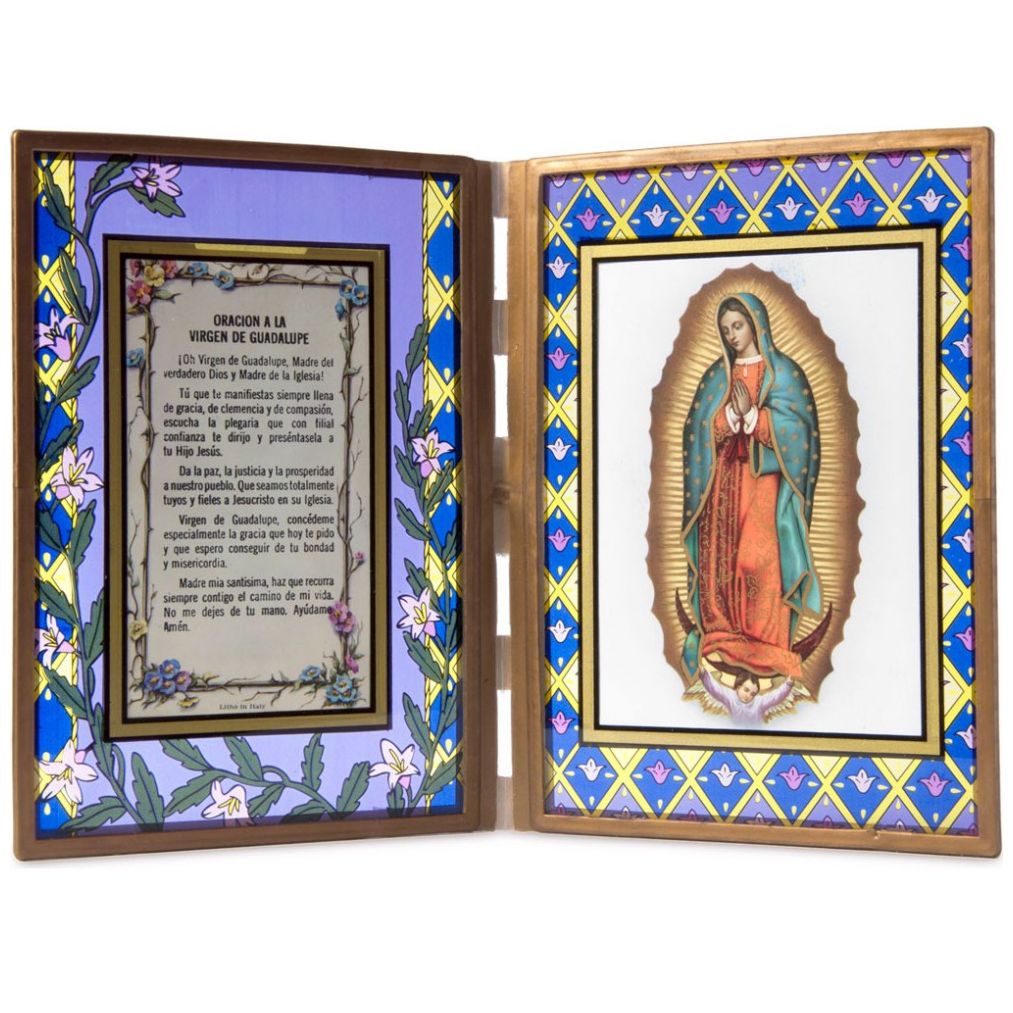 Vitral Decorativo Azul de la Virgen de Guadalupe con Oración Estampa Italiana