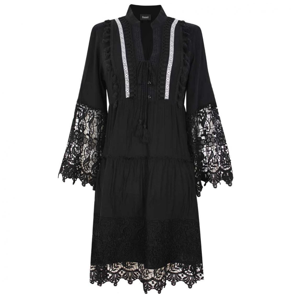 Vestido de Encaje con Manga Larga Cuello V Basel para Mujer