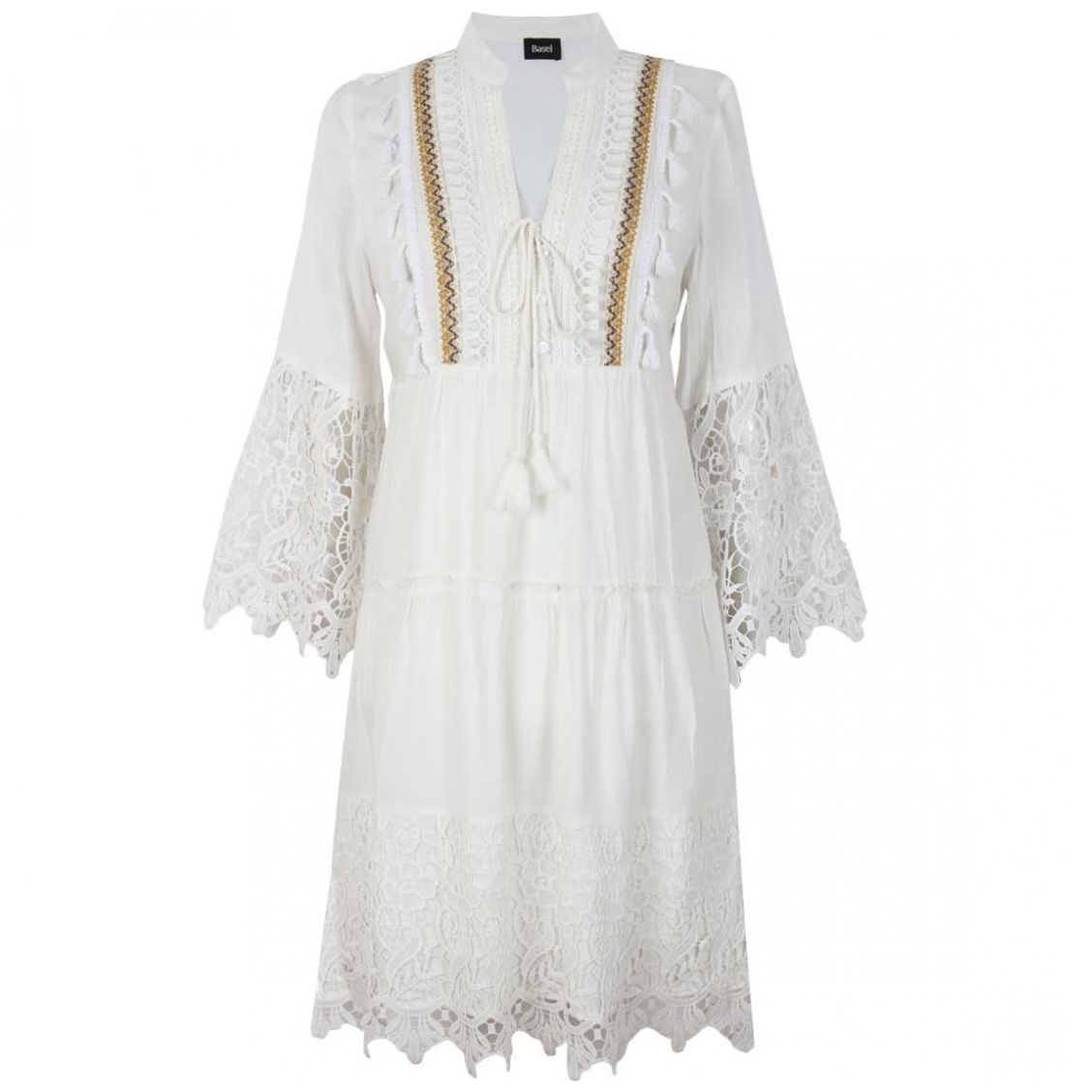 Vestido Hueso de Encaje con Manga Larga Y Cuello V Basel para Mujer