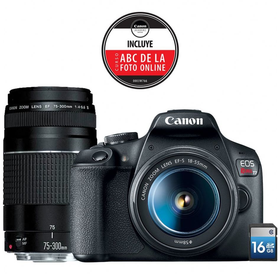 Cámara Canon Eos Rebel T7 18-55Mm + Ef 75-300 F/ 4.0-5.6 III + Curso en Línea Abc de la Foto + Sd 16Gb