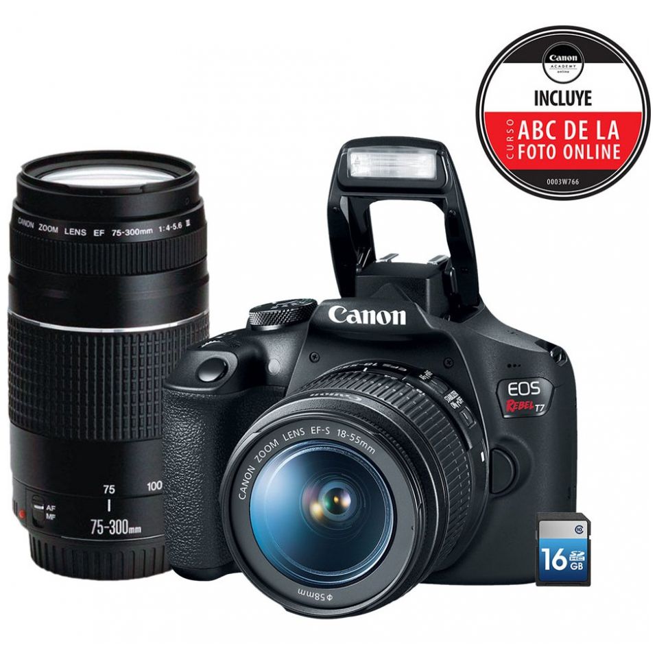 Cámara Canon Eos Rebel T7 18-55Mm + Ef 75-300 F/ 4.0-5.6 III + Curso en Línea Abc de la Foto + Sd 16Gb