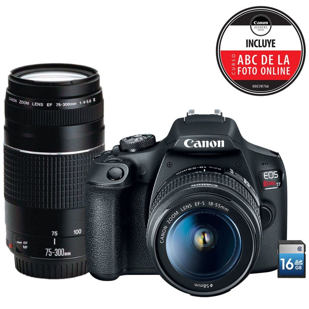 Cámara Canon Eos Rebel T7 18-55Mm + Ef 75-300 F/ 4.0-5.6 III + Curso en Línea Abc de la Foto + Sd 16Gb